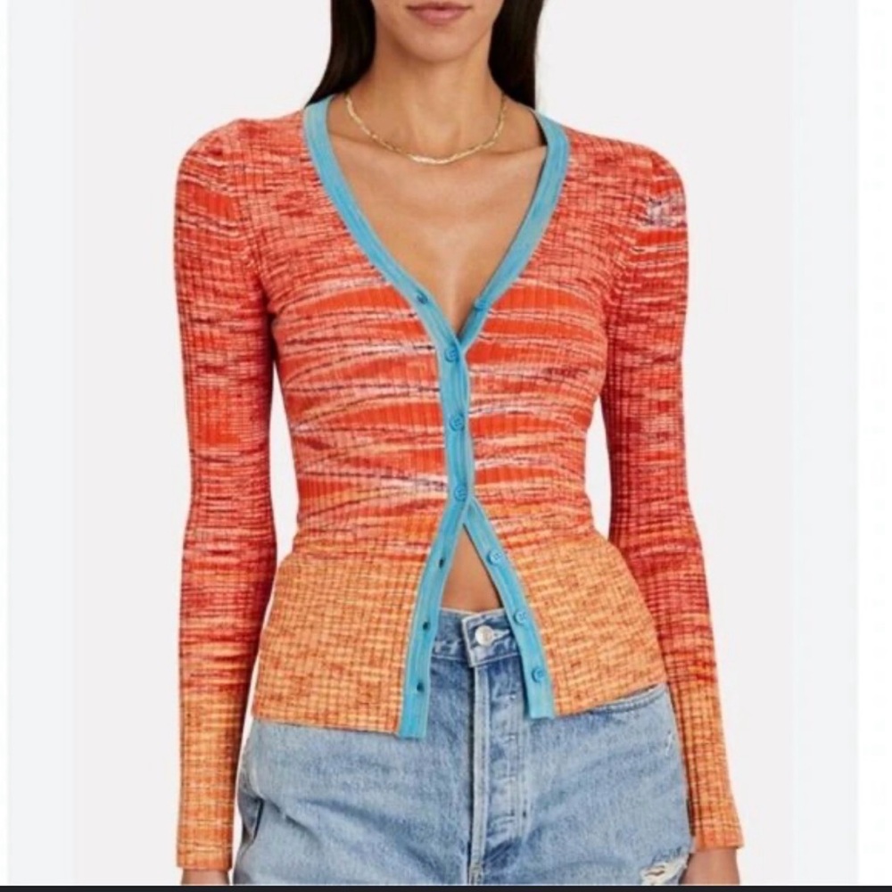 STAUD CARGO SWEATER BLOOD ORANGE OMBRE RIB KNIT SIZE SMALL V-NECK CARDIGAN NEW